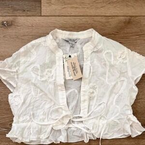 Guess Jeans Y2K Babydoll Blouse Floral Embroidery Tie Front NWT Large